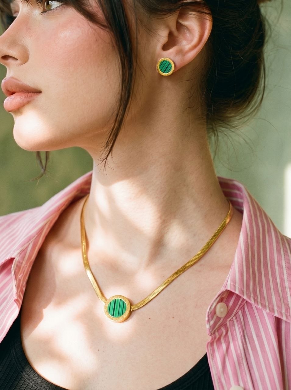 Set Gold Round Malachite