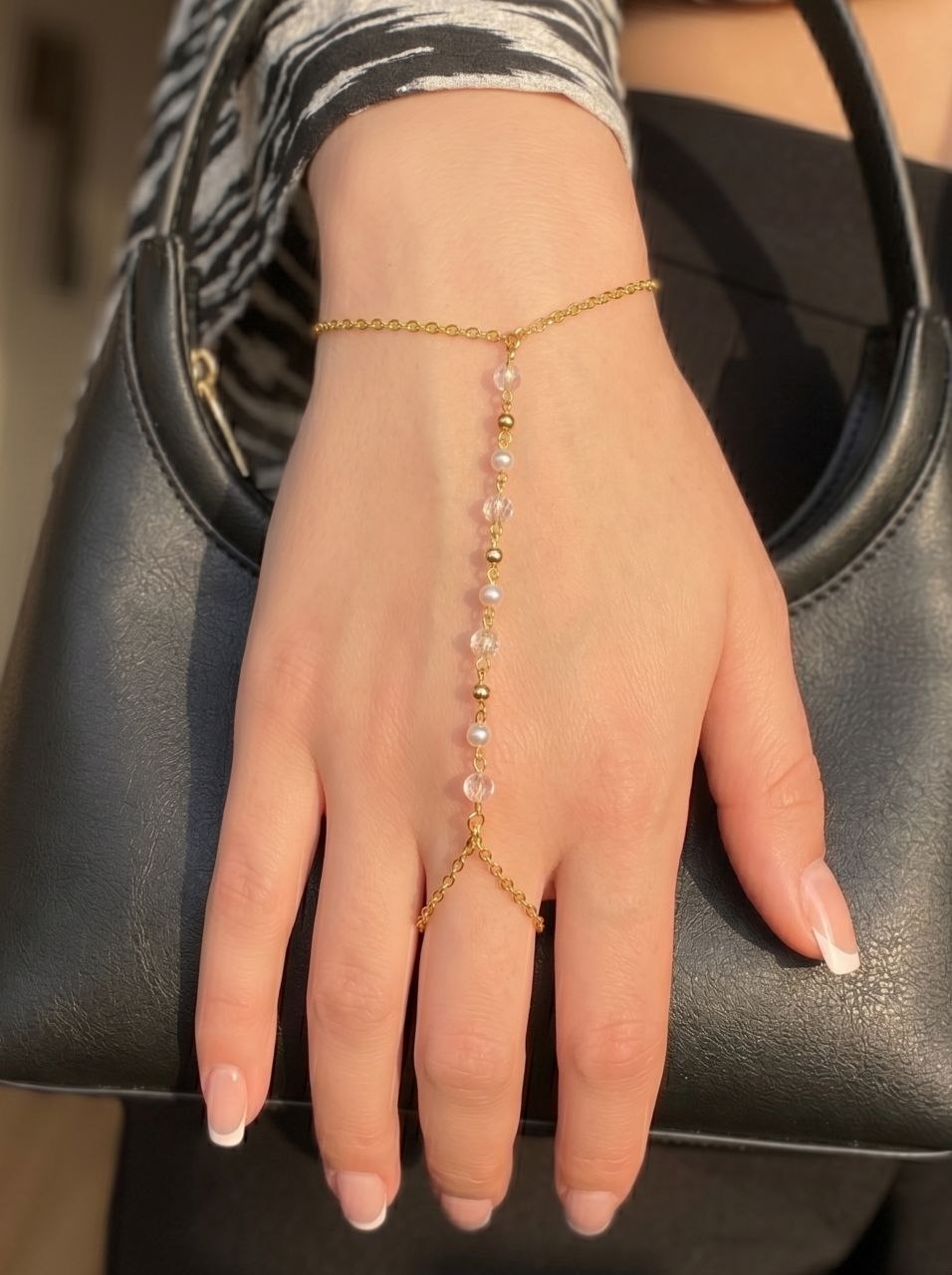 Gold Crystal Pearl Hand Chain