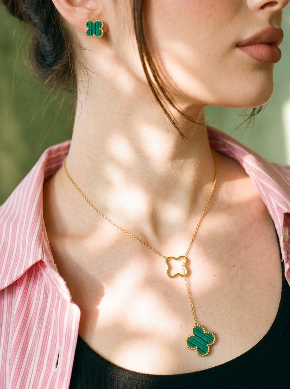 Set Gold Clover Lariat Green