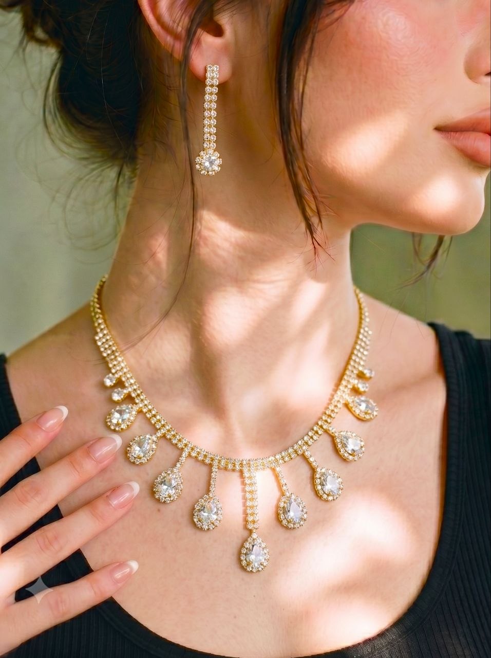Set Gold Crystal Fringe Necklace