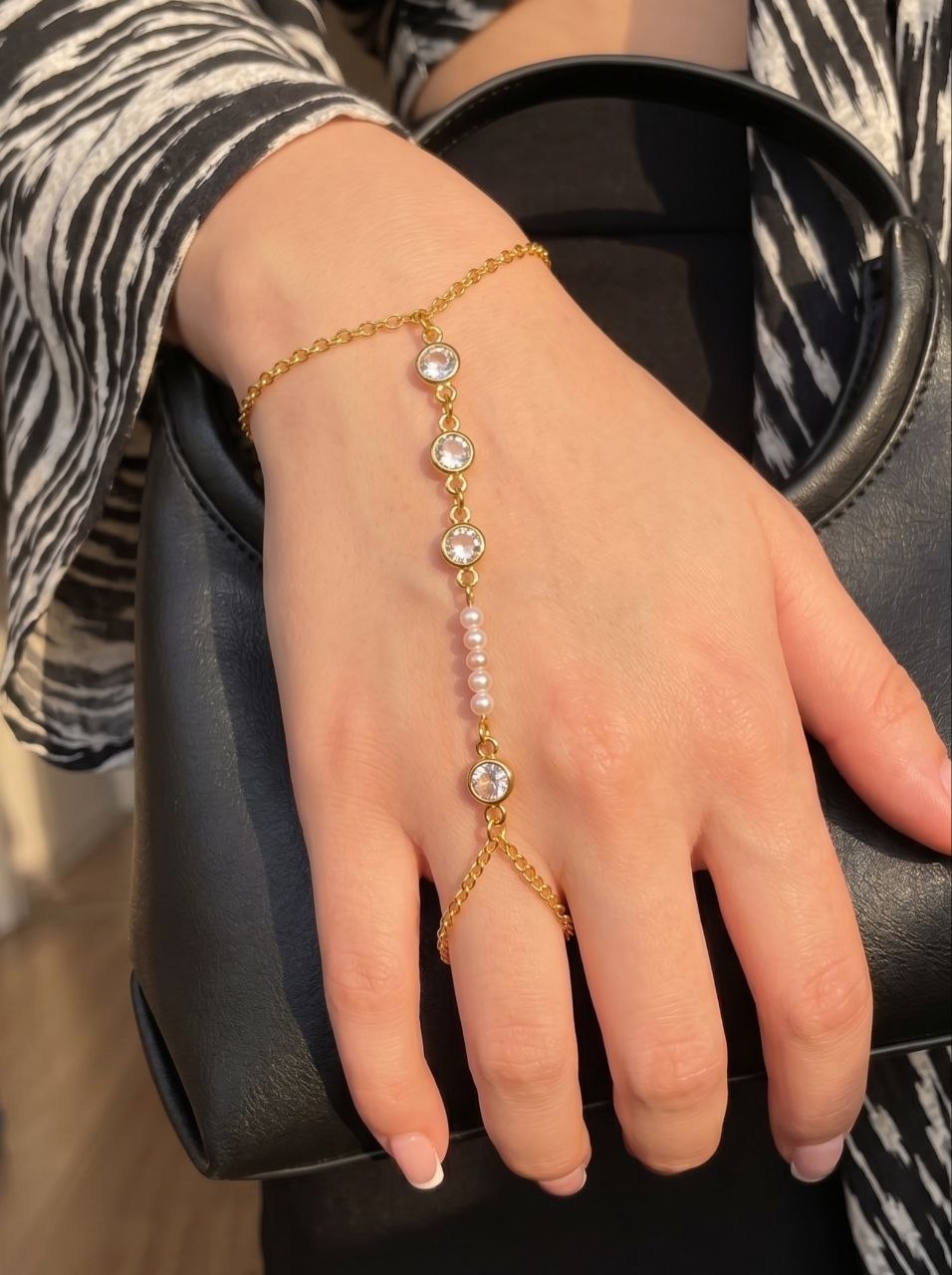 Gold Crystal Pearl Hand Chain