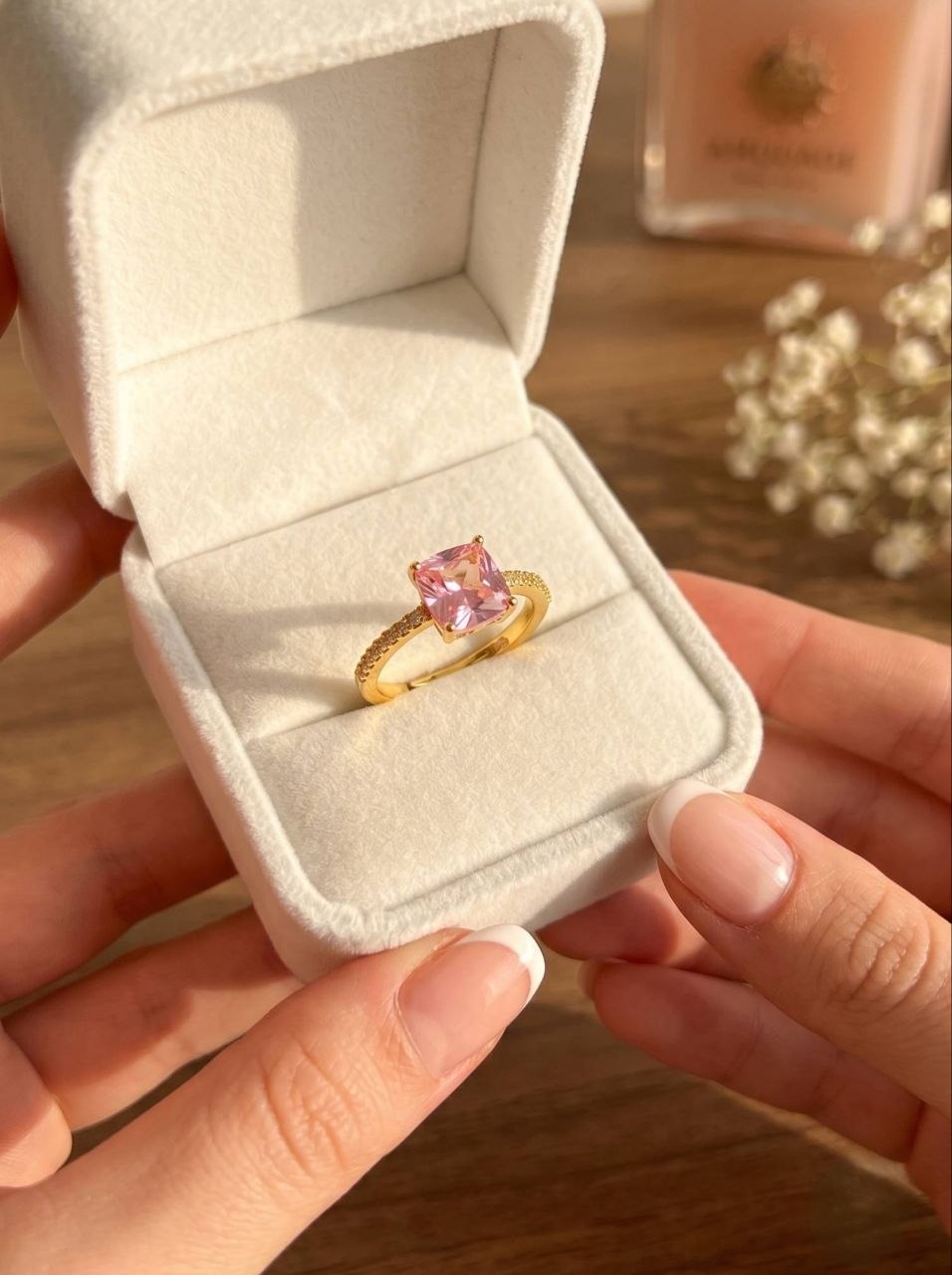 Gold Pink Cushion Ring