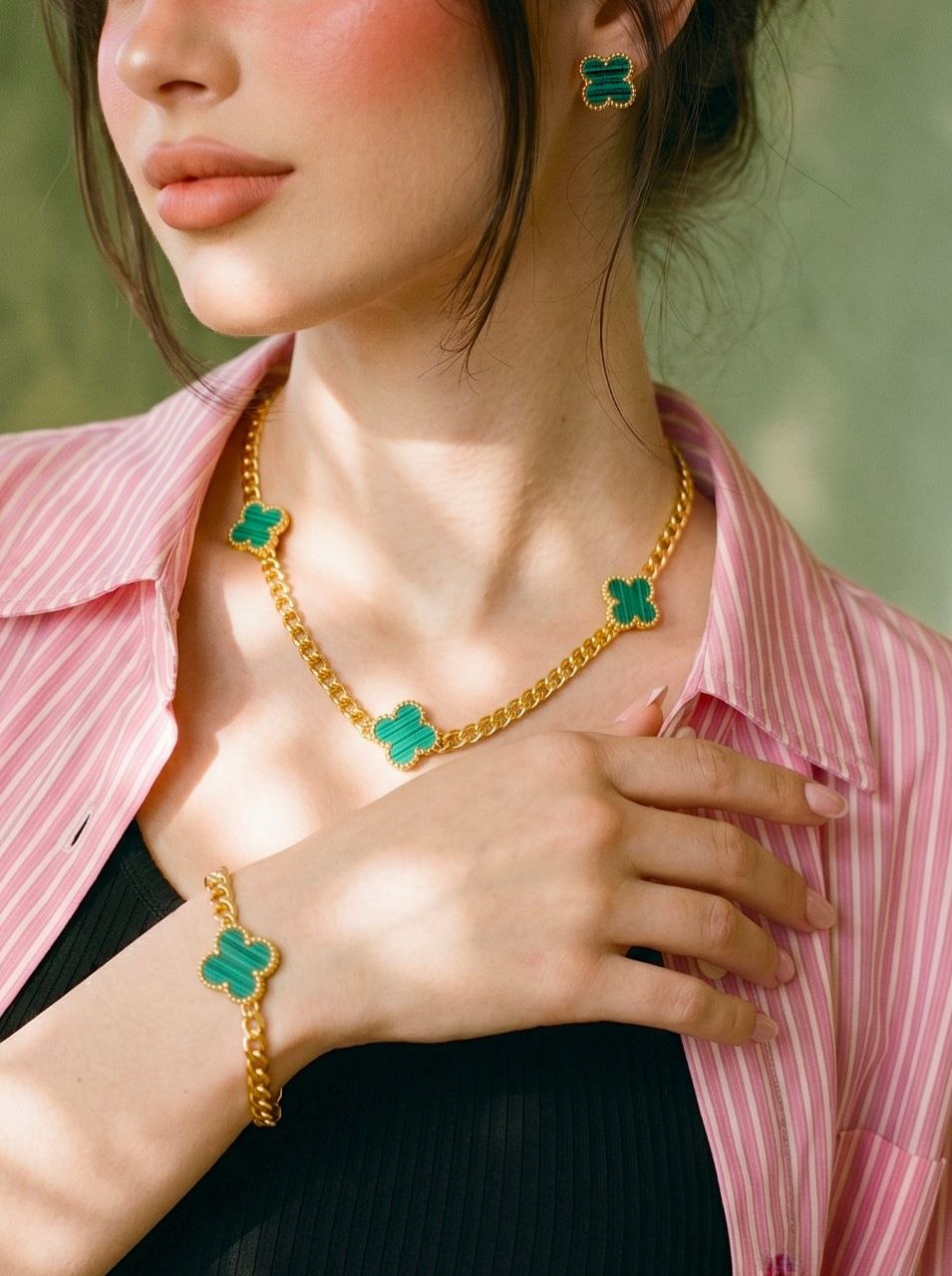 Set Gold Clover Malachite